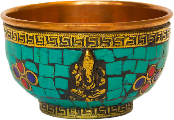 Copper Inlay Stone Mosaic Ganesh Offering Bowl