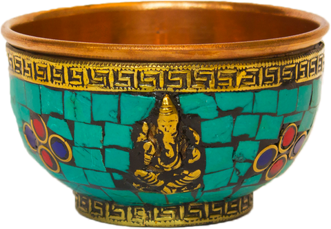 Copper Inlay Stone Mosaic Ganesh Offering Bowl